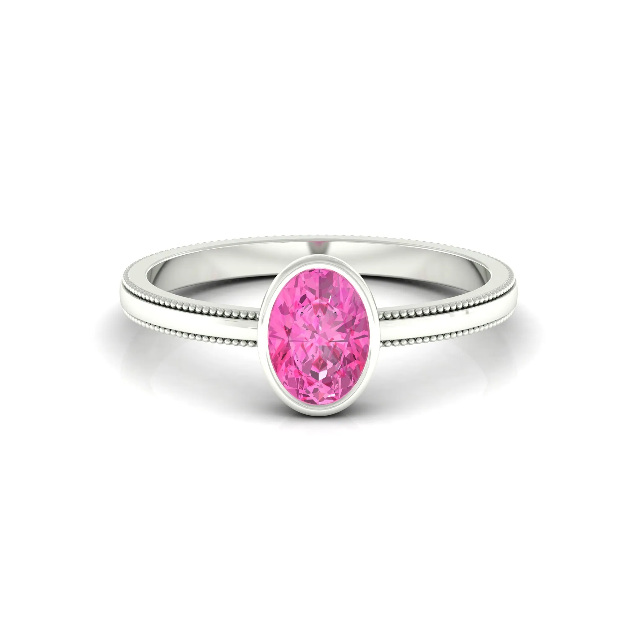 Oval Shape Pink Sapphire Solitaire Ring with Beaded Details