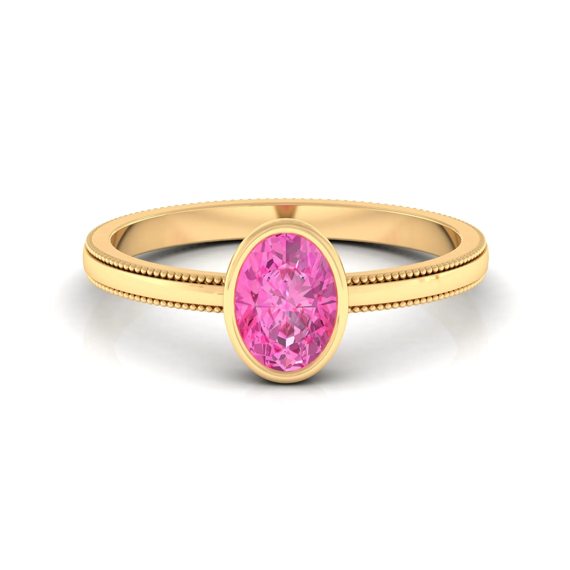 Oval Shape Pink Sapphire Solitaire Ring with Beaded Details