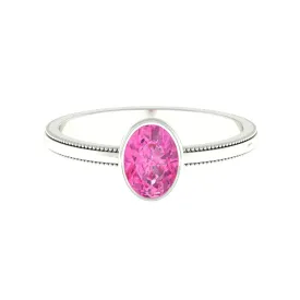 Oval Shape Pink Sapphire Solitaire Ring with Beaded Details