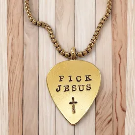 Pick Jesus Cross Gold Metal Finish Guitar Pick Pendant Gold Finish Heavy Chain Necklace