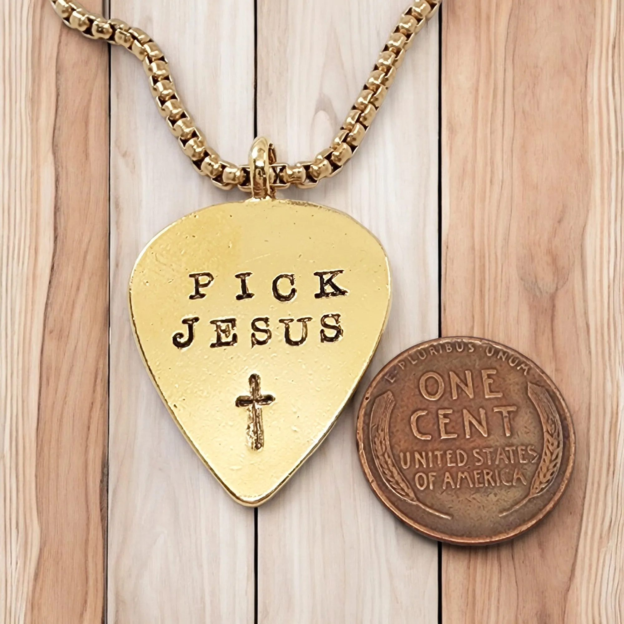 Pick Jesus Cross Gold Metal Finish Guitar Pick Pendant Gold Finish Heavy Chain Necklace