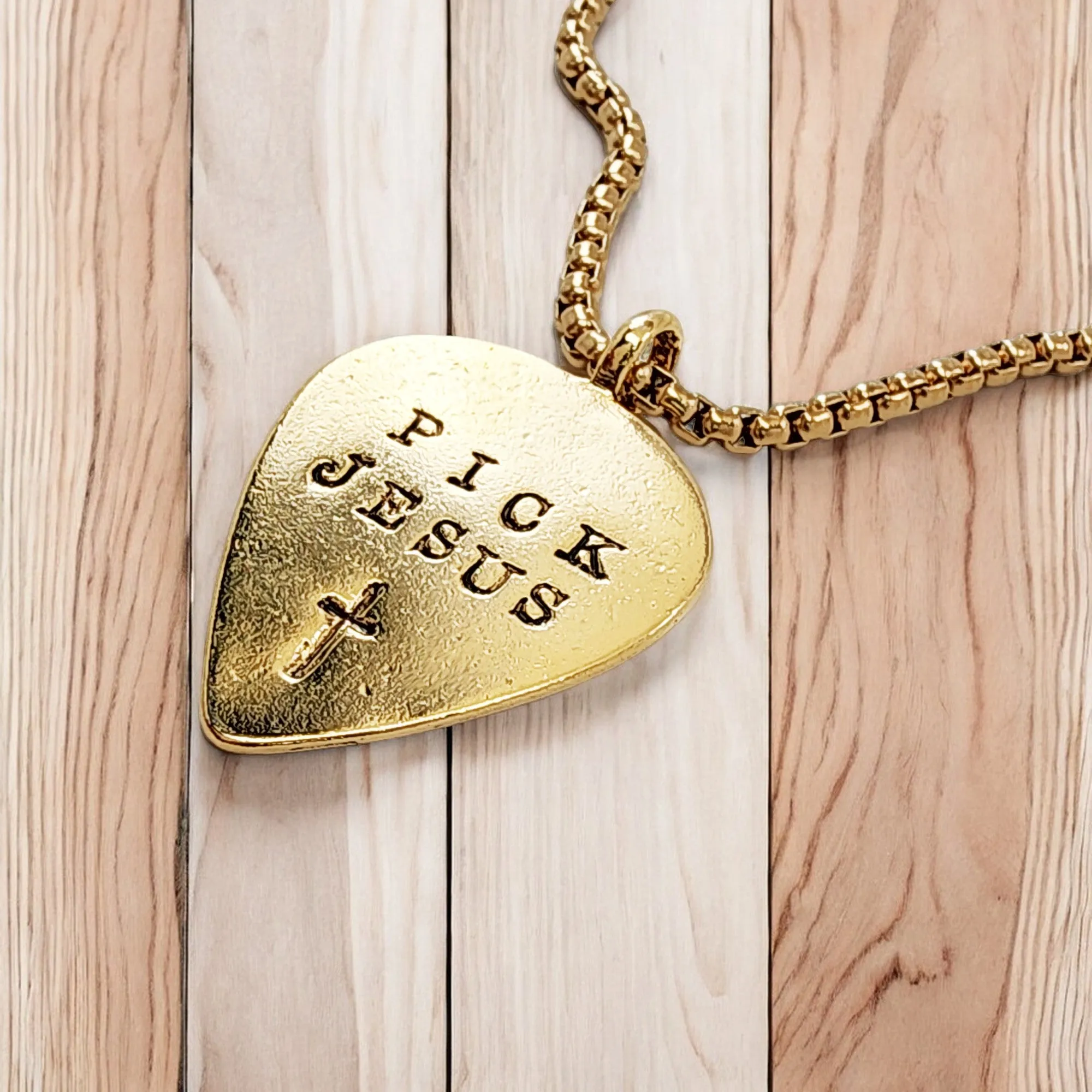 Pick Jesus Cross Gold Metal Finish Guitar Pick Pendant Gold Finish Heavy Chain Necklace