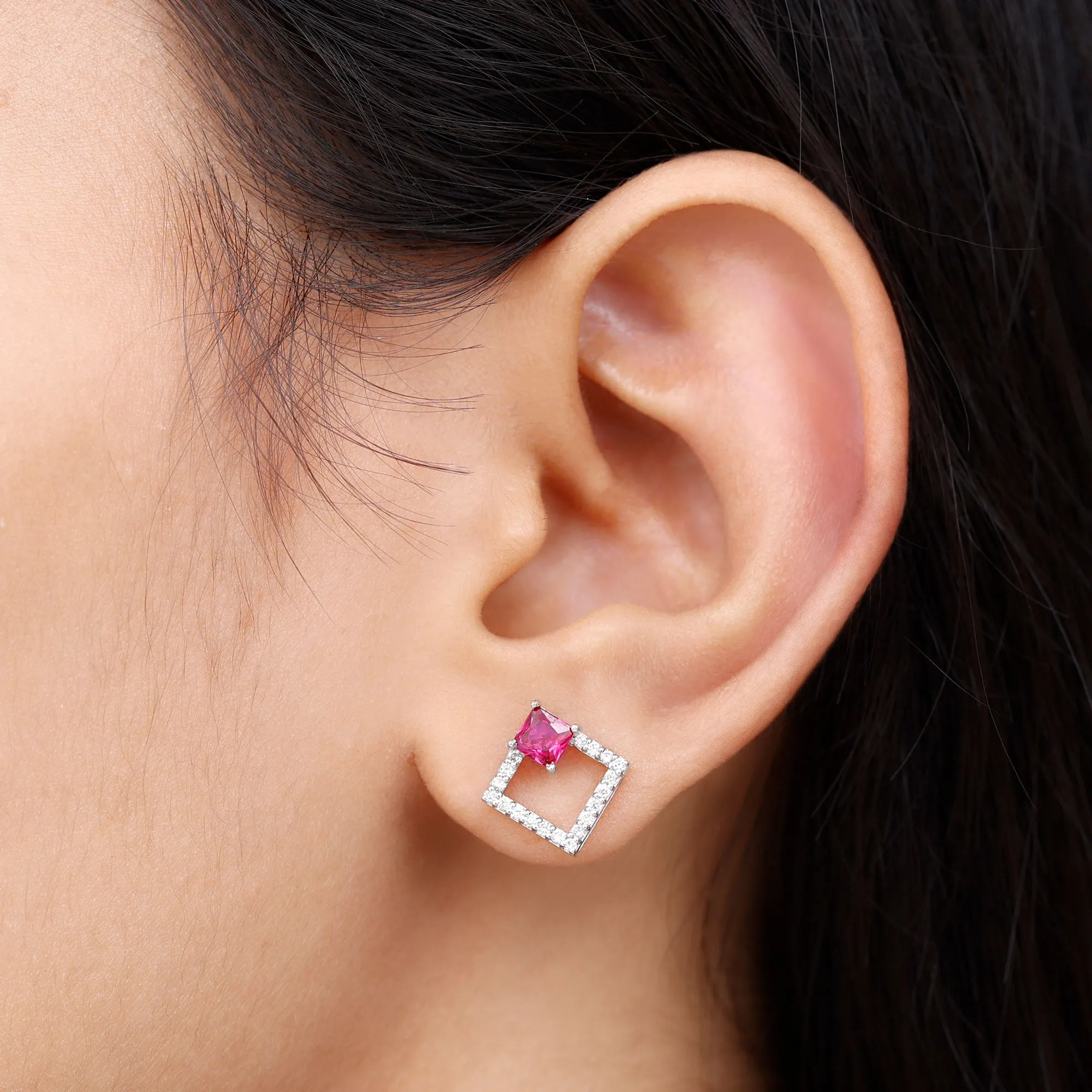 Princess Cut Created Ruby and Diamond Square Stud Earrings in Gold