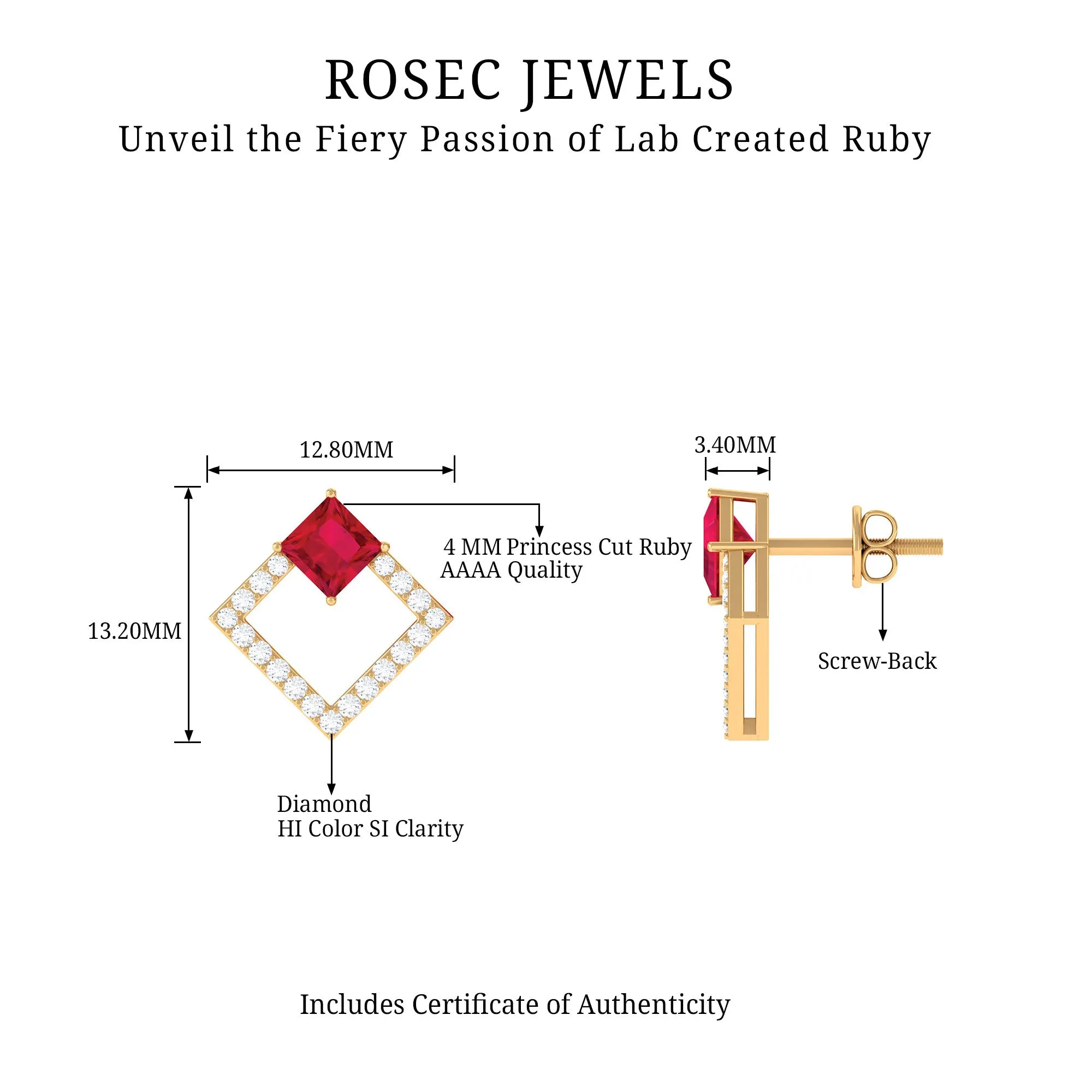 Princess Cut Created Ruby and Diamond Square Stud Earrings in Gold