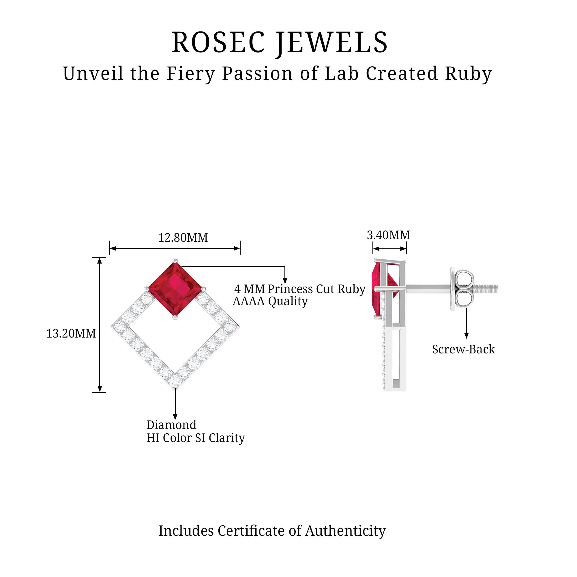 Princess Cut Created Ruby and Diamond Square Stud Earrings in Gold