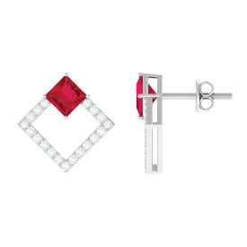 Princess Cut Created Ruby and Diamond Square Stud Earrings in Gold