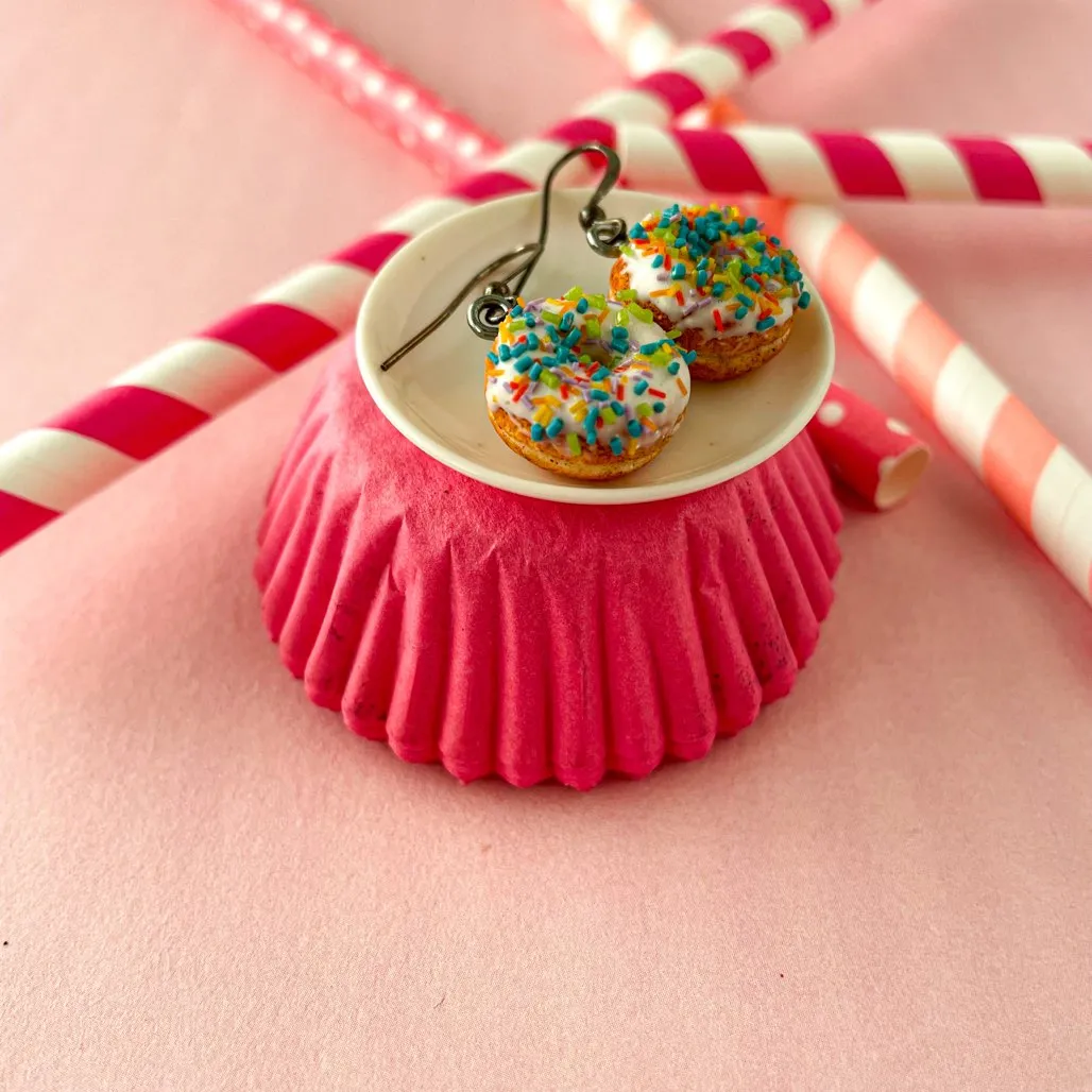 Rainbow Sprinkle Miniature Donuts Food Earrings