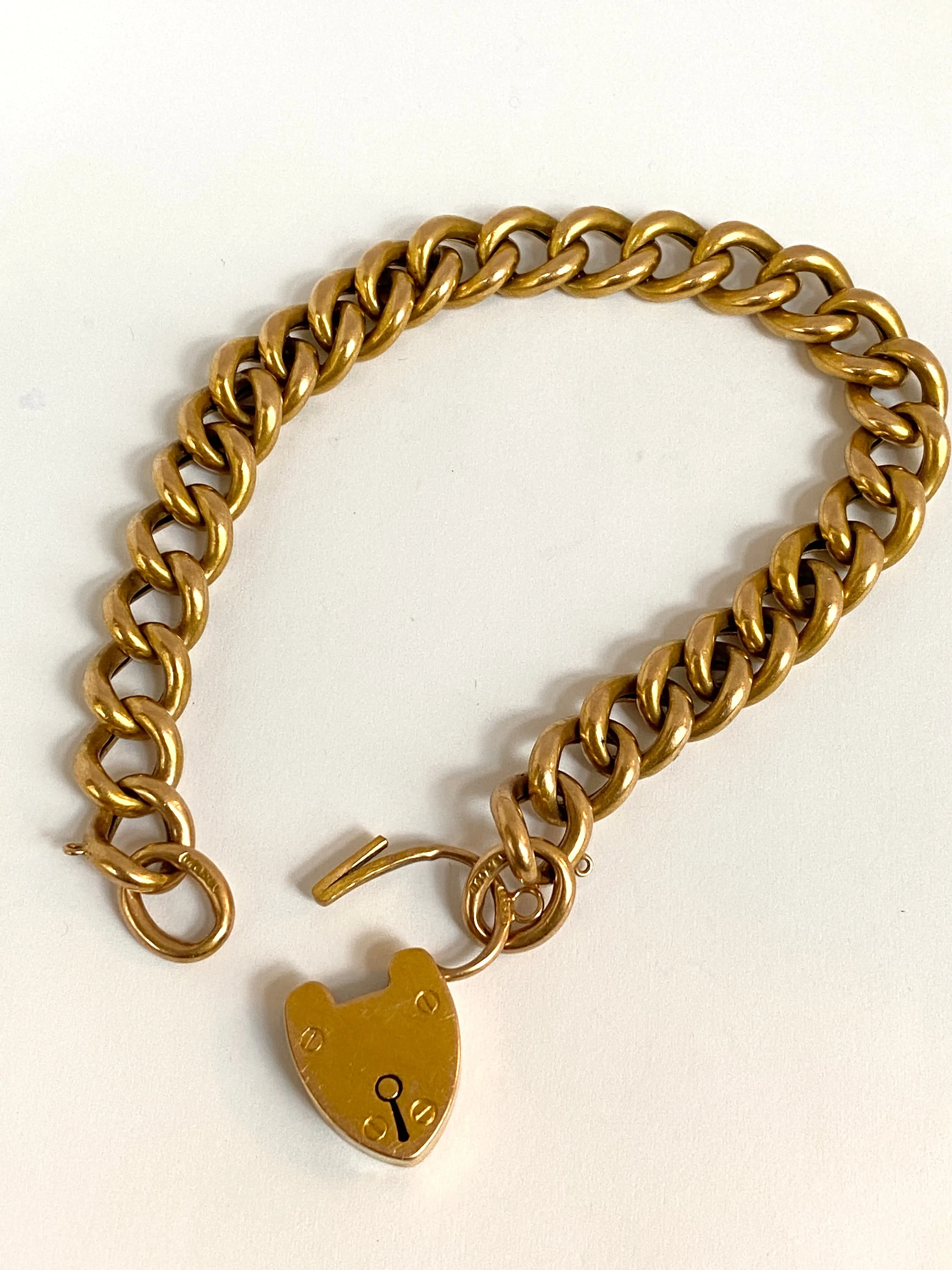 Rare, Antique, Victorian 15ct Gold Curb Link Bracelet with Heart Padlock (21.65g), Hallmarked 1899