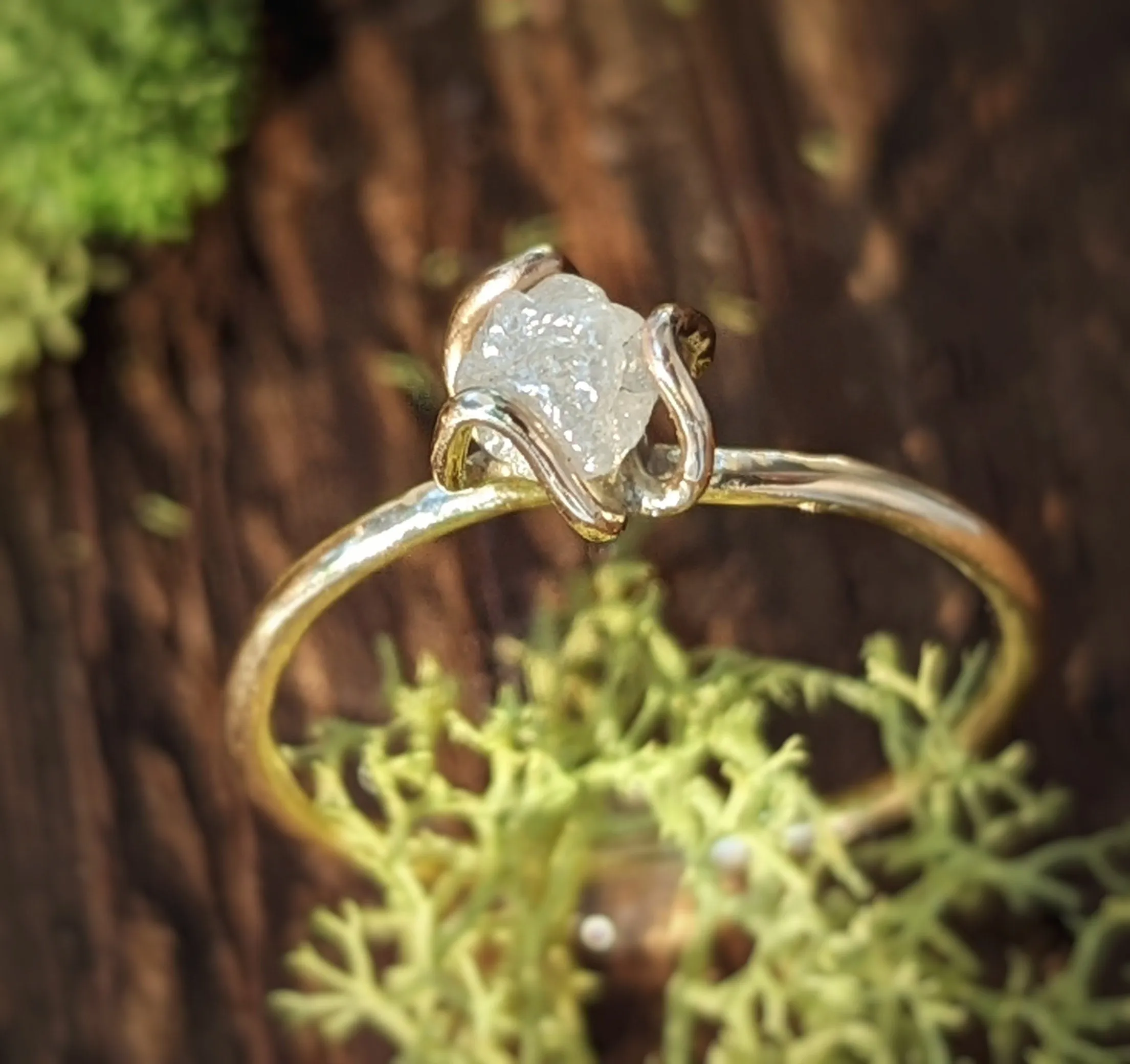 Raw diamond flower prong engagement ring