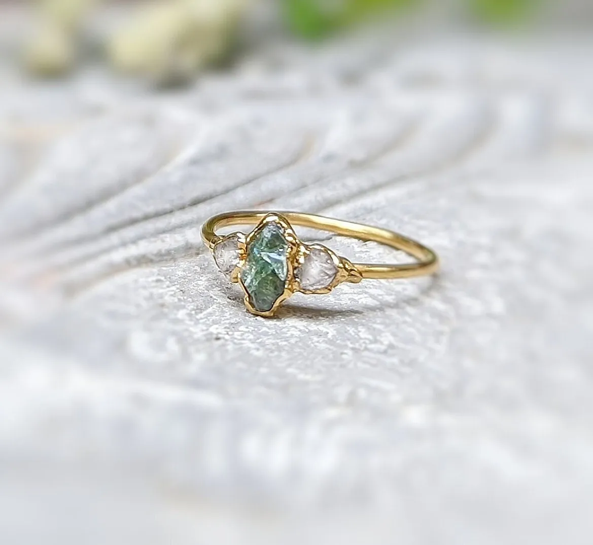 Raw green Sapphire & diamond engagement ring