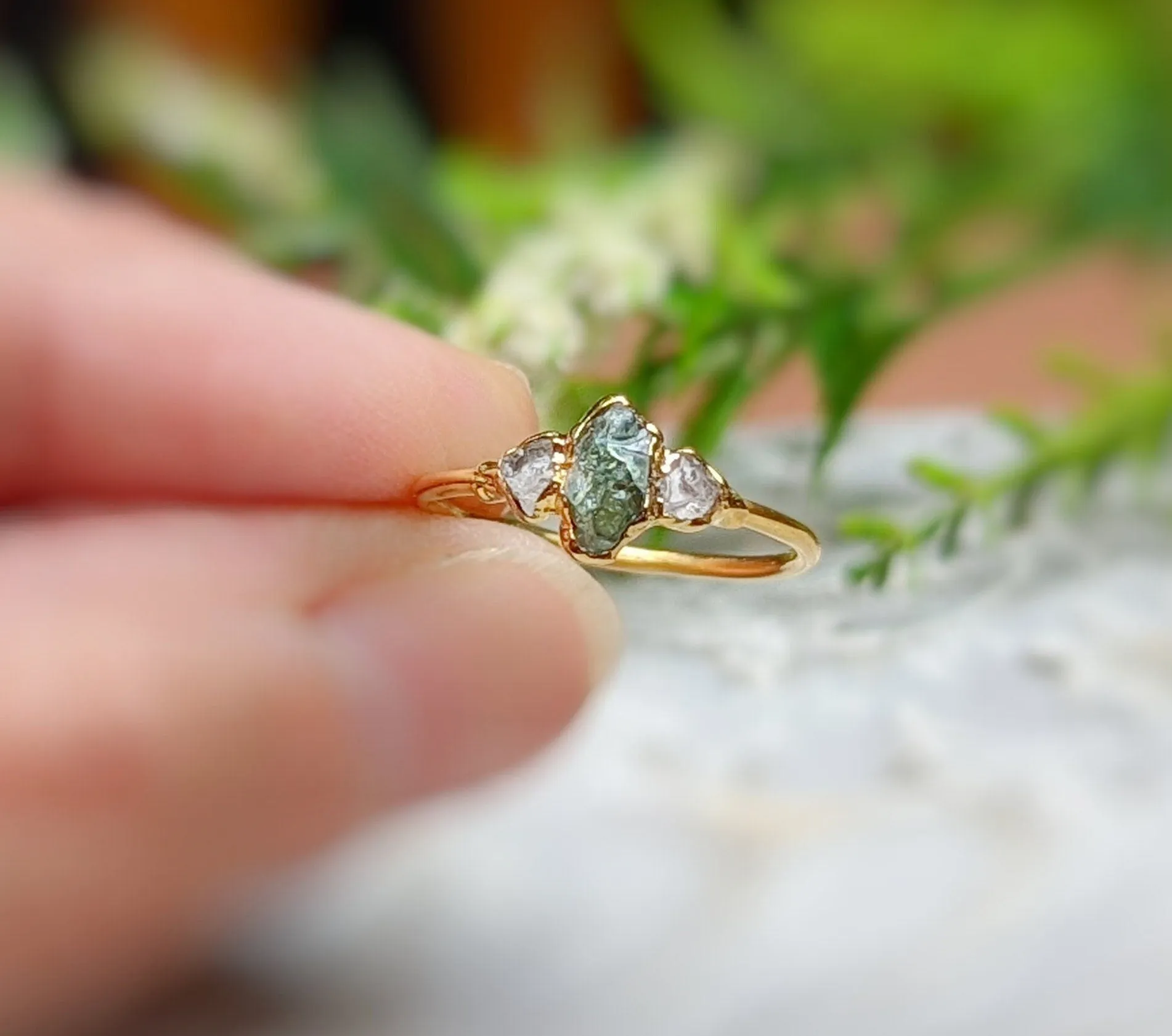 Raw green Sapphire & diamond engagement ring