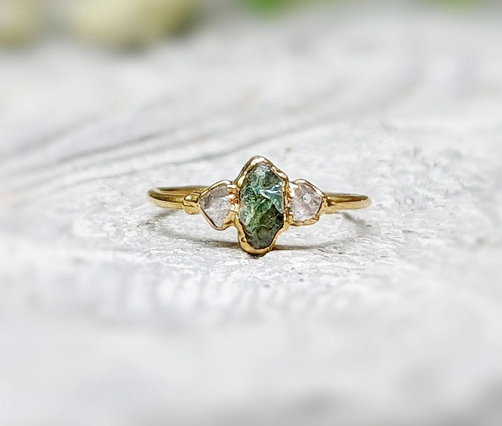 Raw green Sapphire & diamond engagement ring