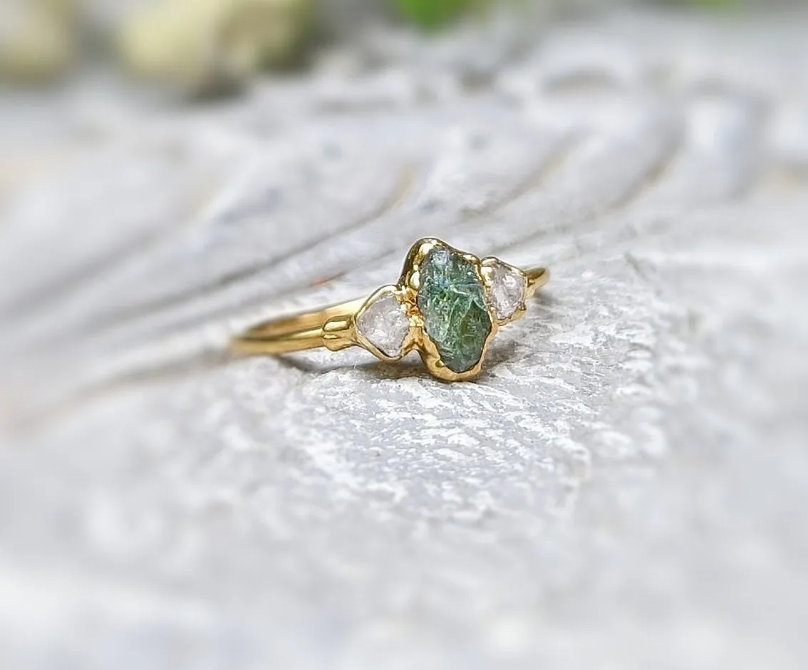 Raw green Sapphire & diamond engagement ring