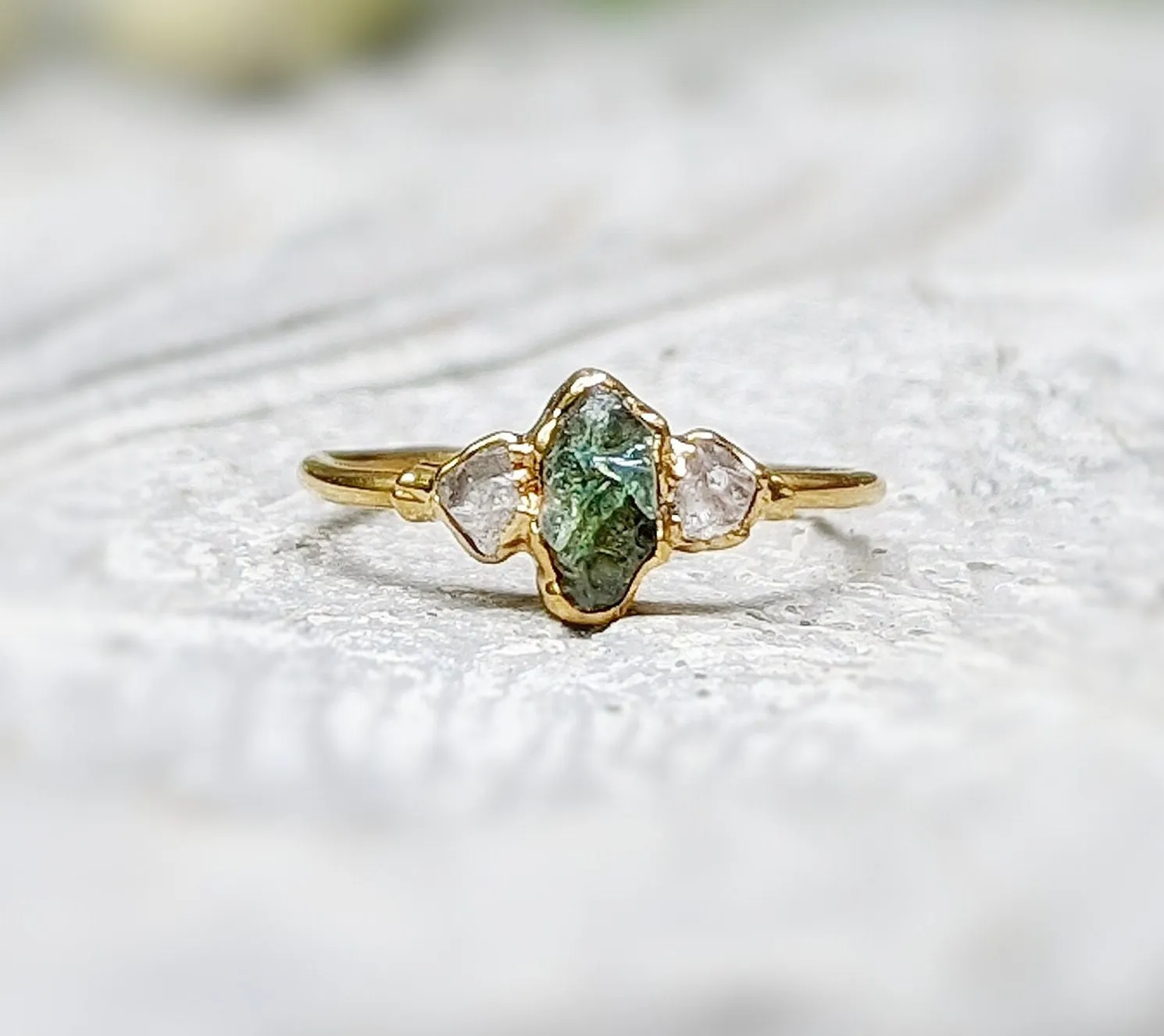 Raw green Sapphire & diamond engagement ring