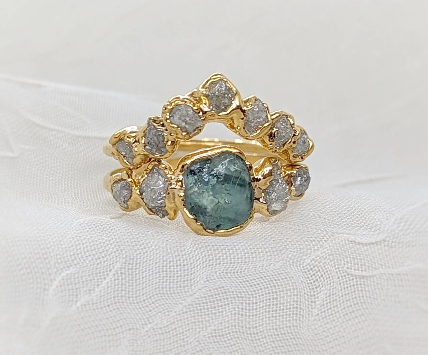 Raw Montana Sapphire and diamond ring set