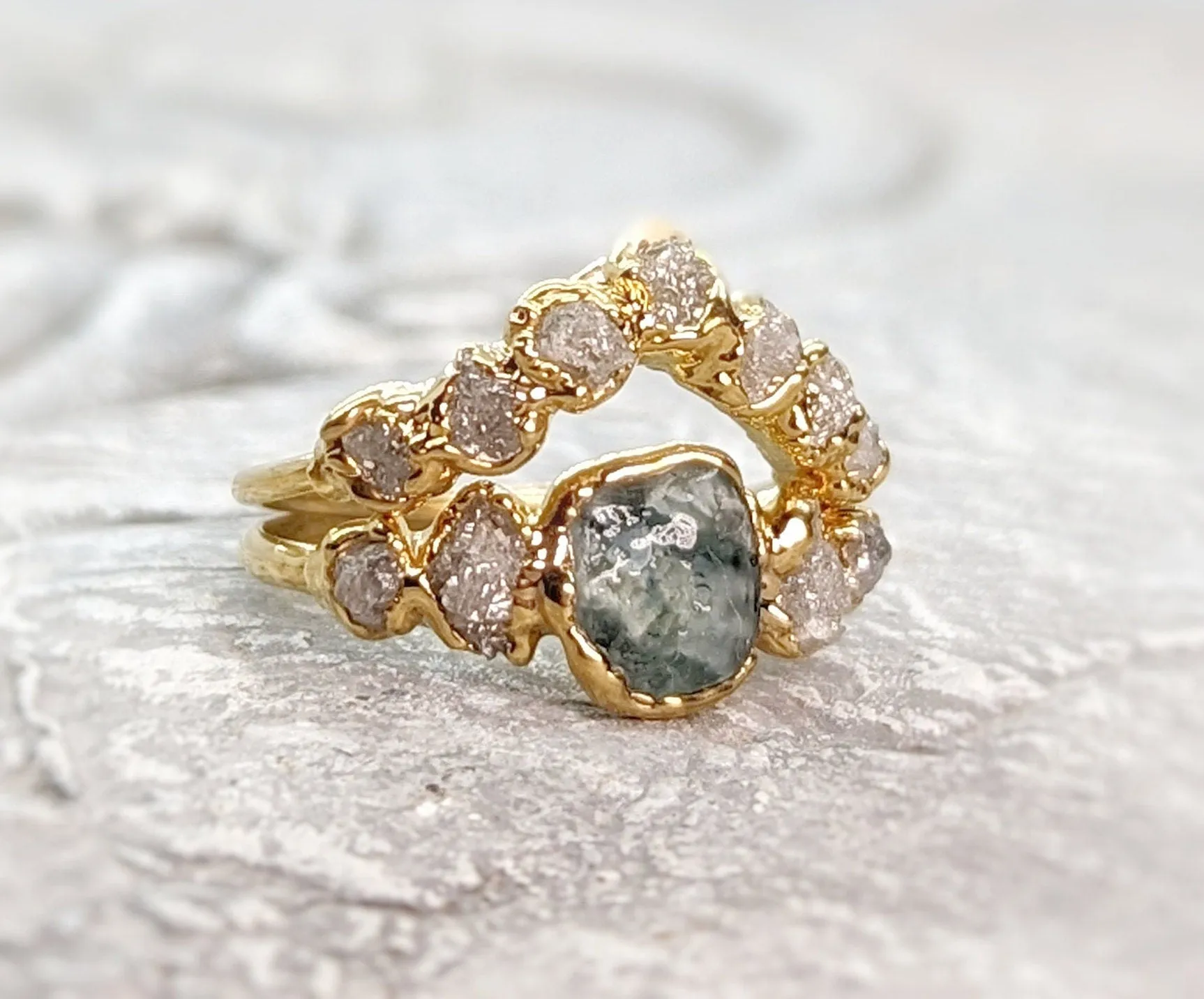 Raw Montana Sapphire and diamond ring set