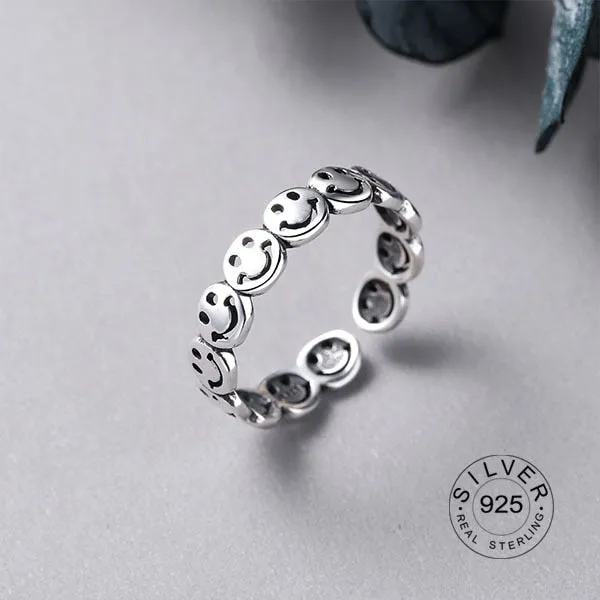 Real 925 sterling silver finger rings for women yellow smile face Trendy fine Jewelry Large Adjustable Antique Rings Anillos