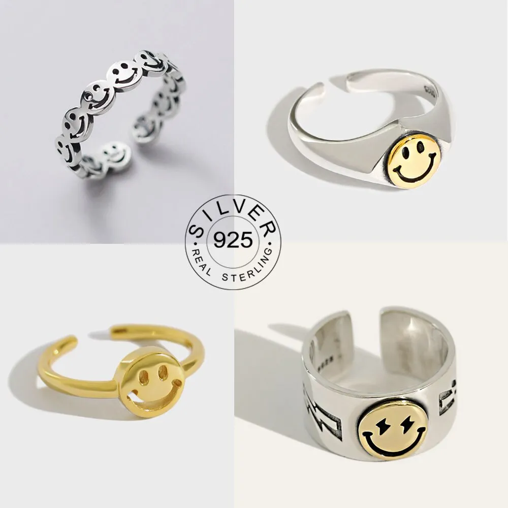 Real 925 sterling silver finger rings for women yellow smile face Trendy fine Jewelry Large Adjustable Antique Rings Anillos