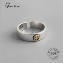 Real 925 sterling silver finger rings for women yellow smile face Trendy fine Jewelry Large Adjustable Antique Rings Anillos