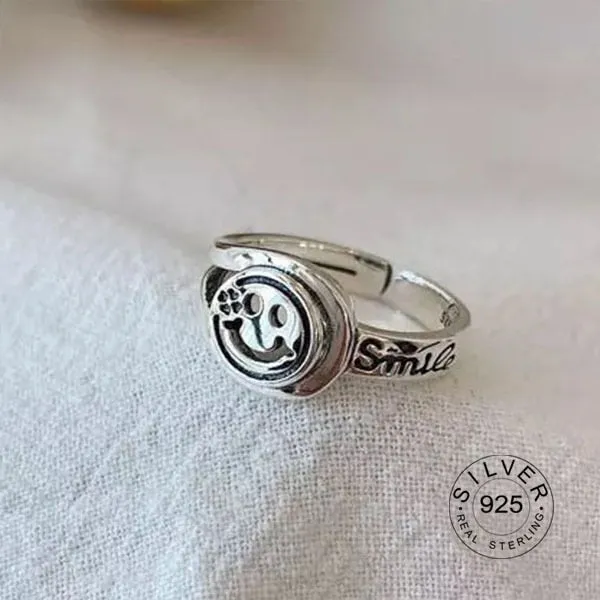 Real 925 sterling silver finger rings for women yellow smile face Trendy fine Jewelry Large Adjustable Antique Rings Anillos