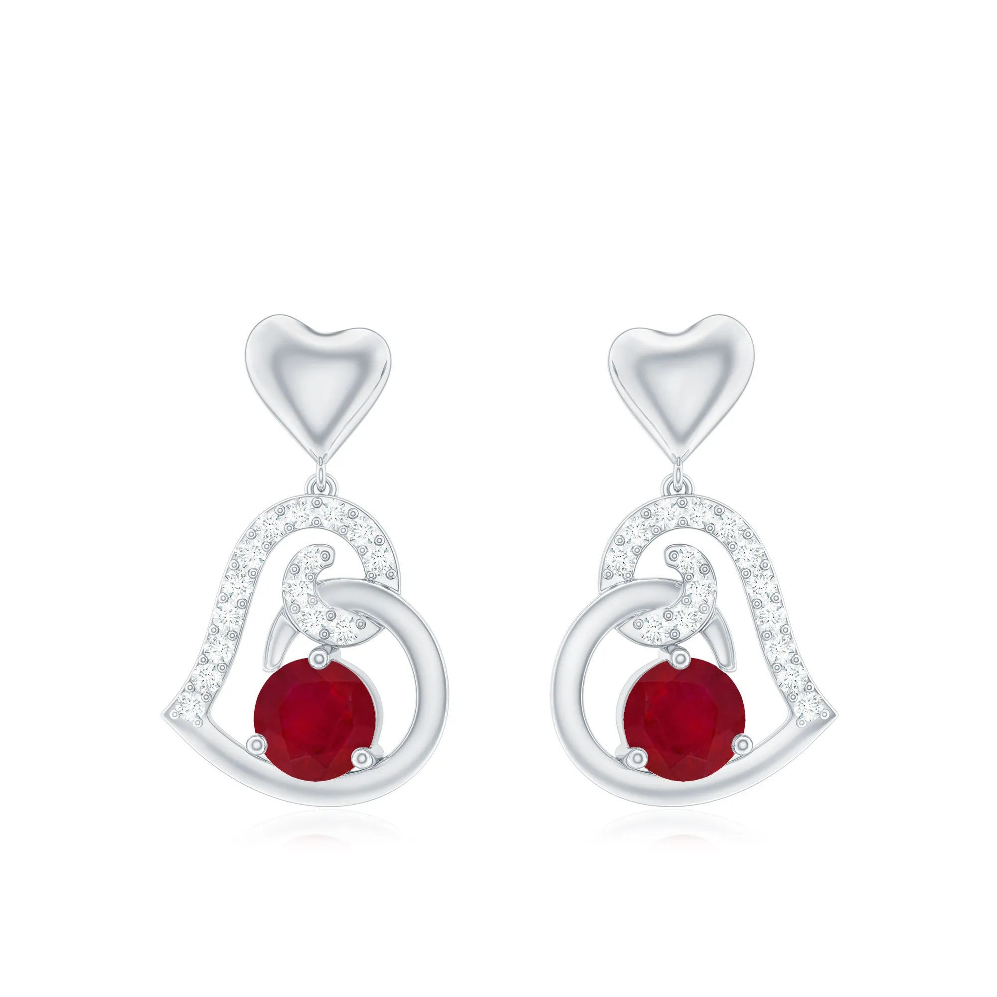 Round Ruby Heart Drop Earring with Diamond Accent