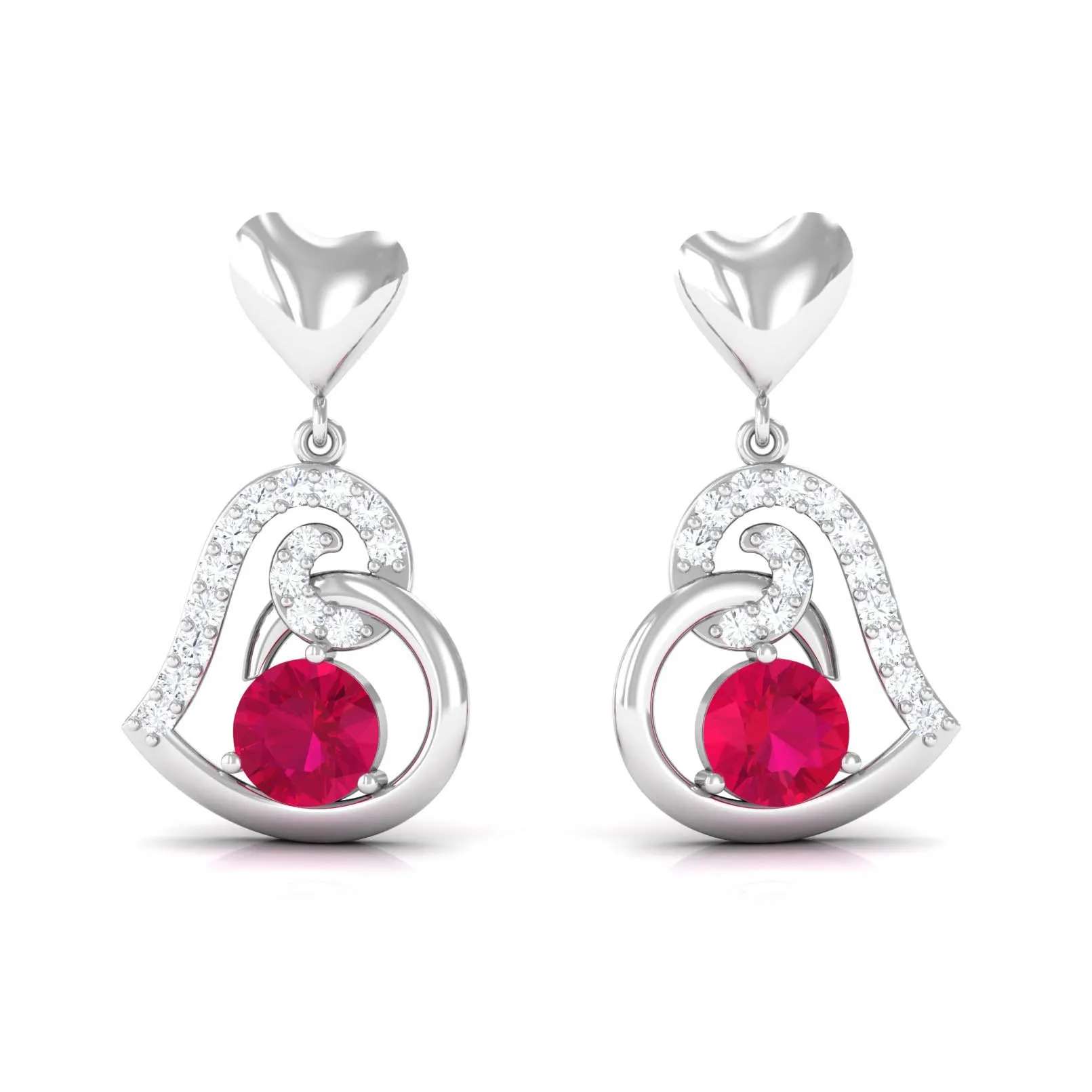 Round Ruby Heart Drop Earring with Diamond Accent