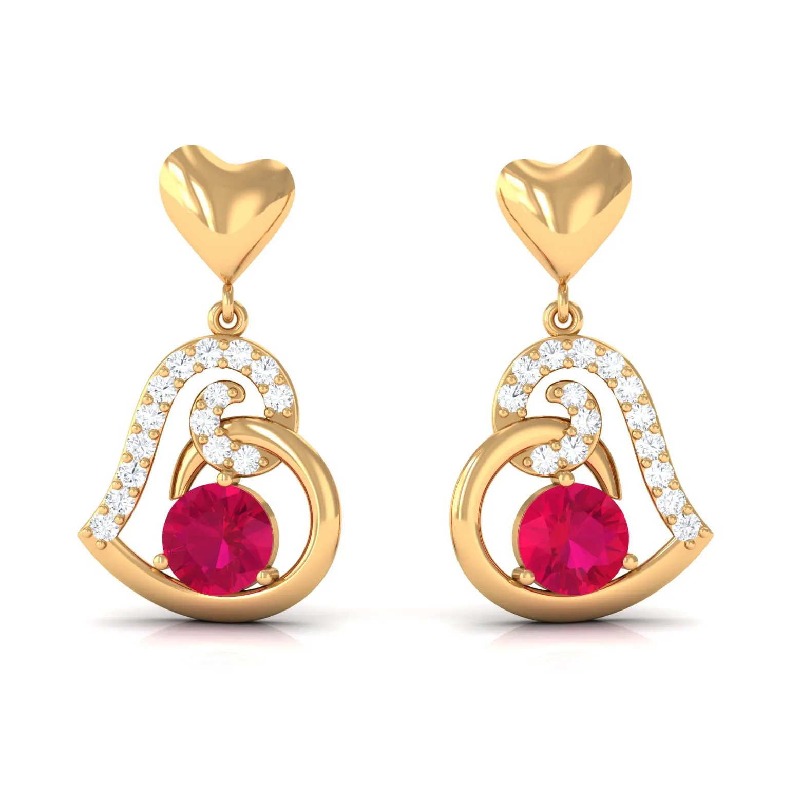 Round Ruby Heart Drop Earring with Diamond Accent