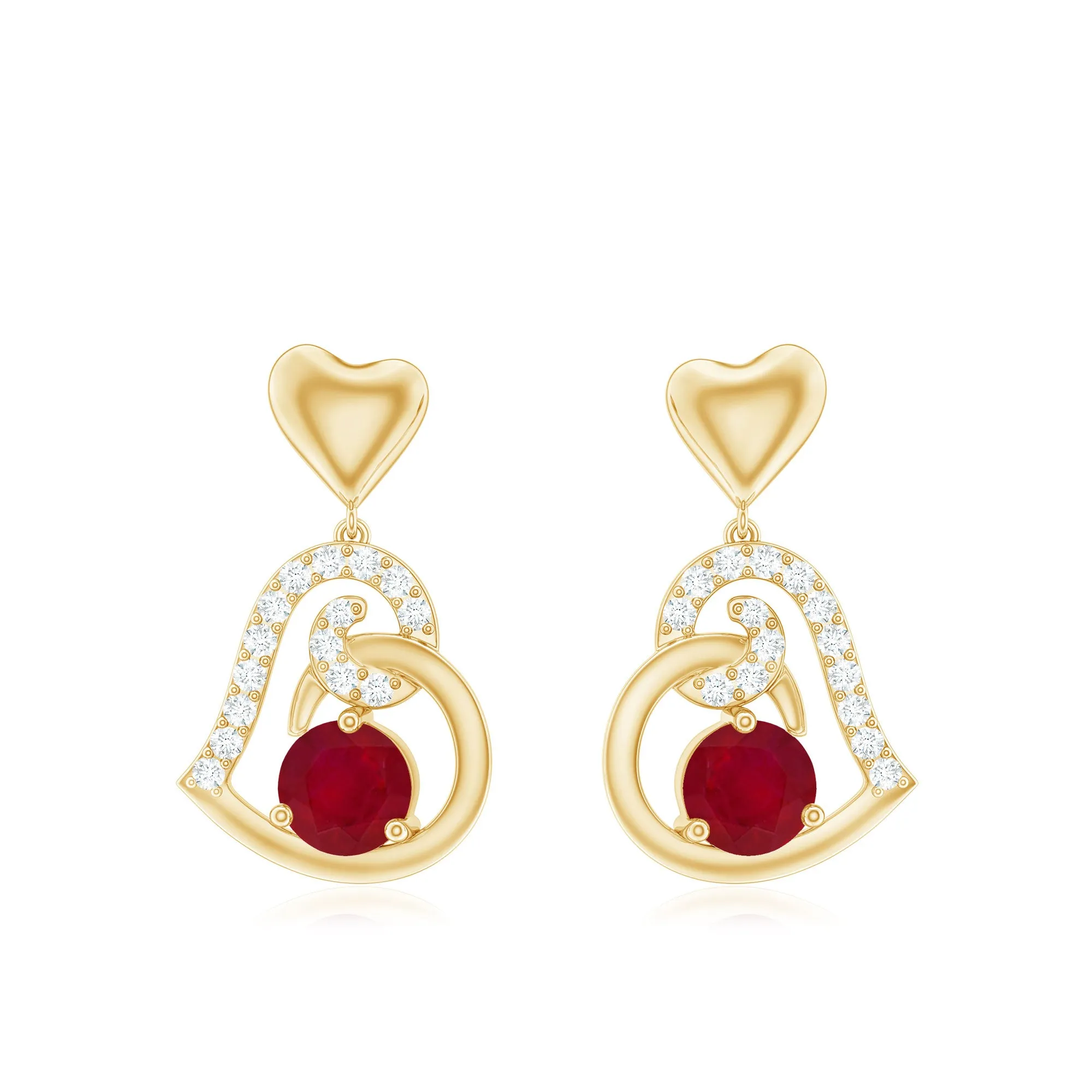 Round Ruby Heart Drop Earring with Diamond Accent