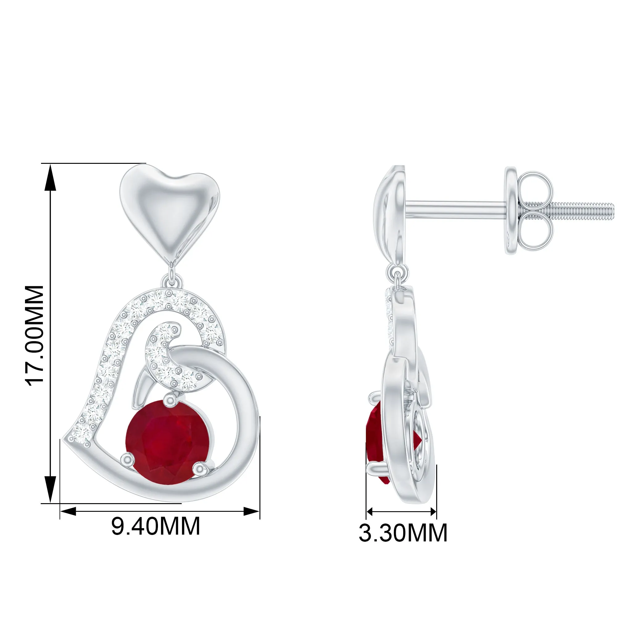 Round Ruby Heart Drop Earring with Diamond Accent