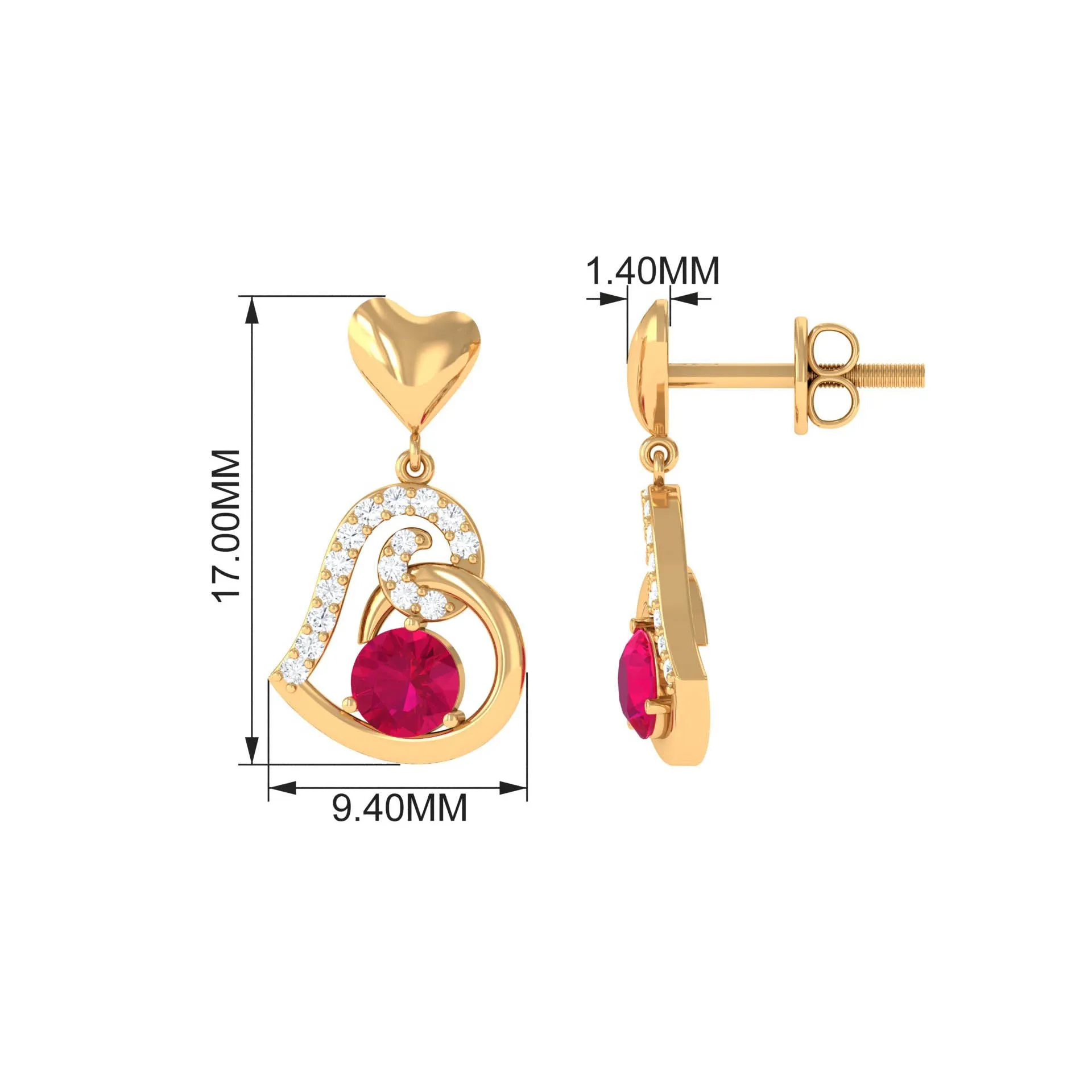 Round Ruby Heart Drop Earring with Diamond Accent