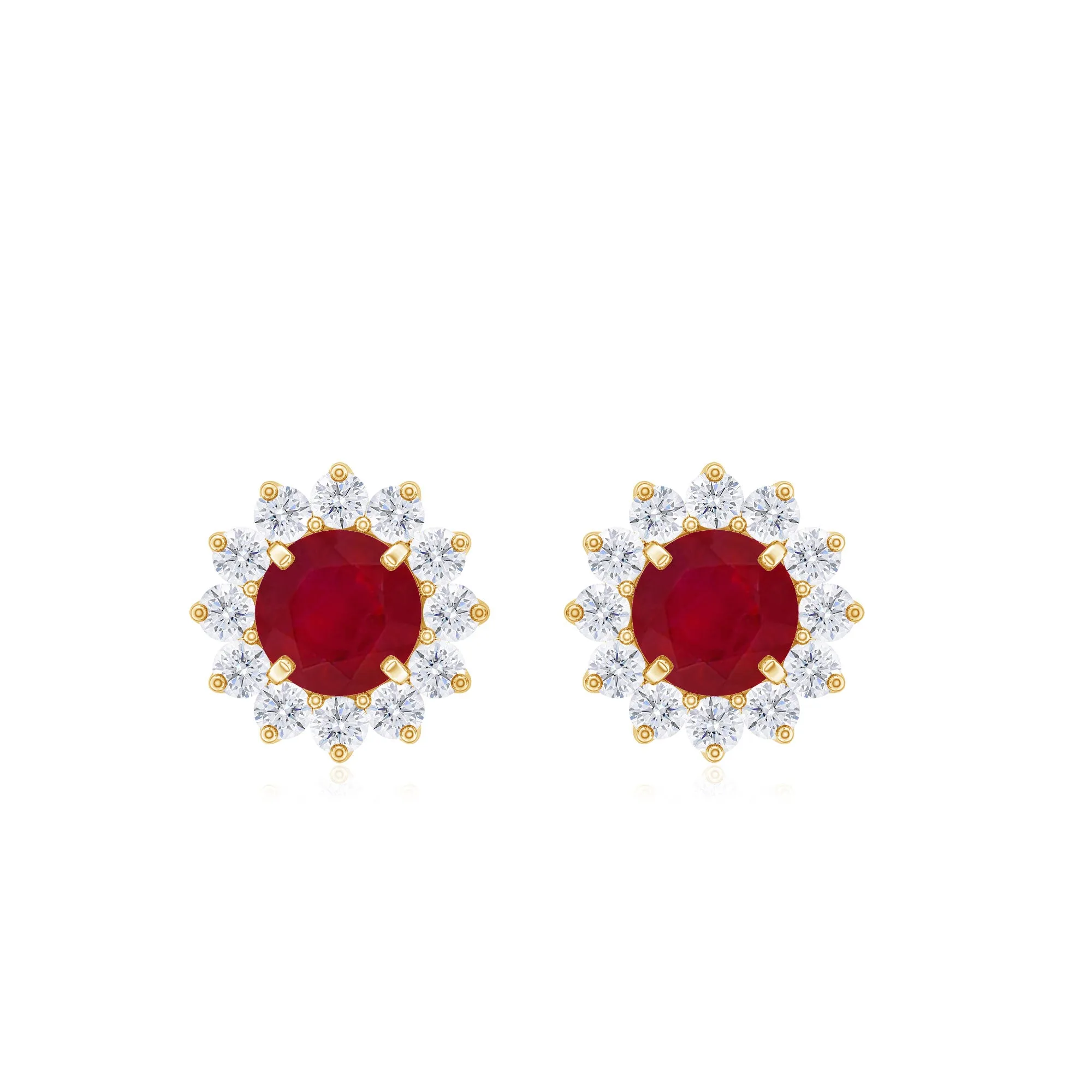 Ruby Flower Stud Earrings with Diamond Halo