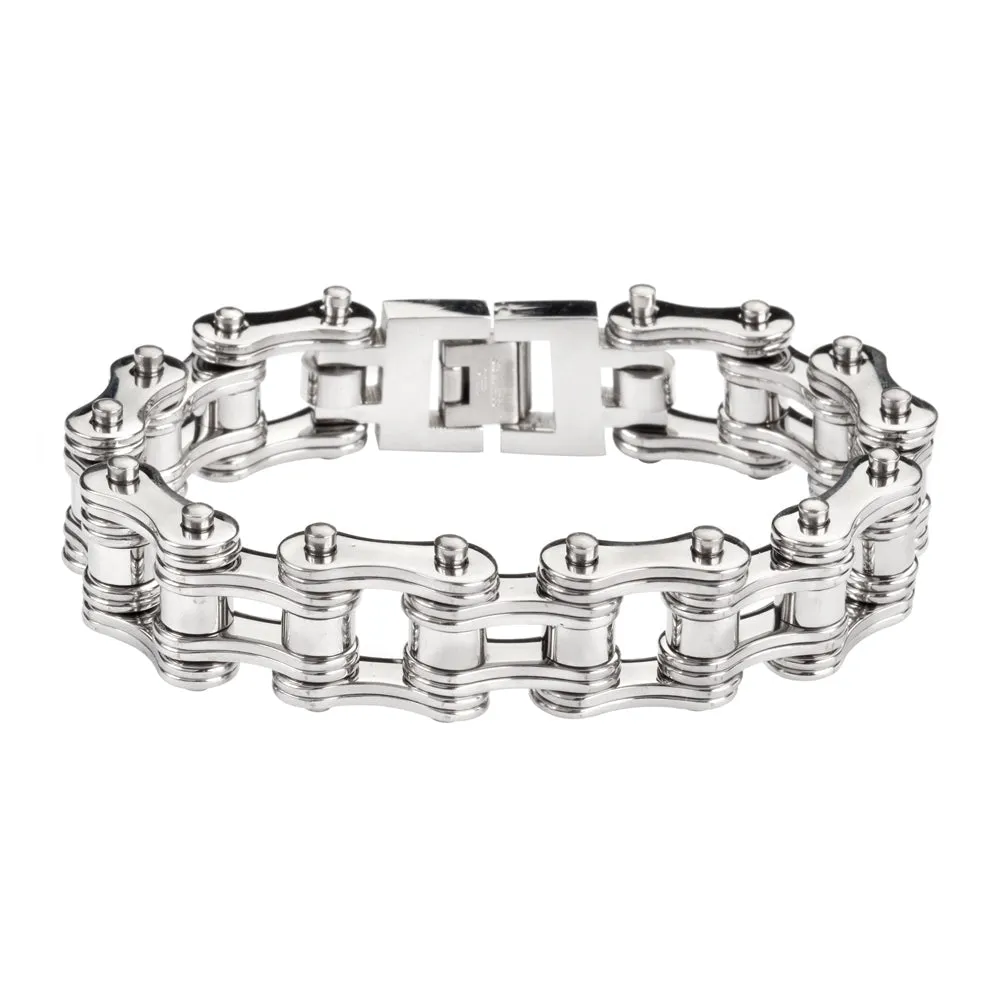 SK1128 All Silver Tone Double Link 3/4" Wide Design Unisex Stainless Steel Motorcycle Chain Bracelet