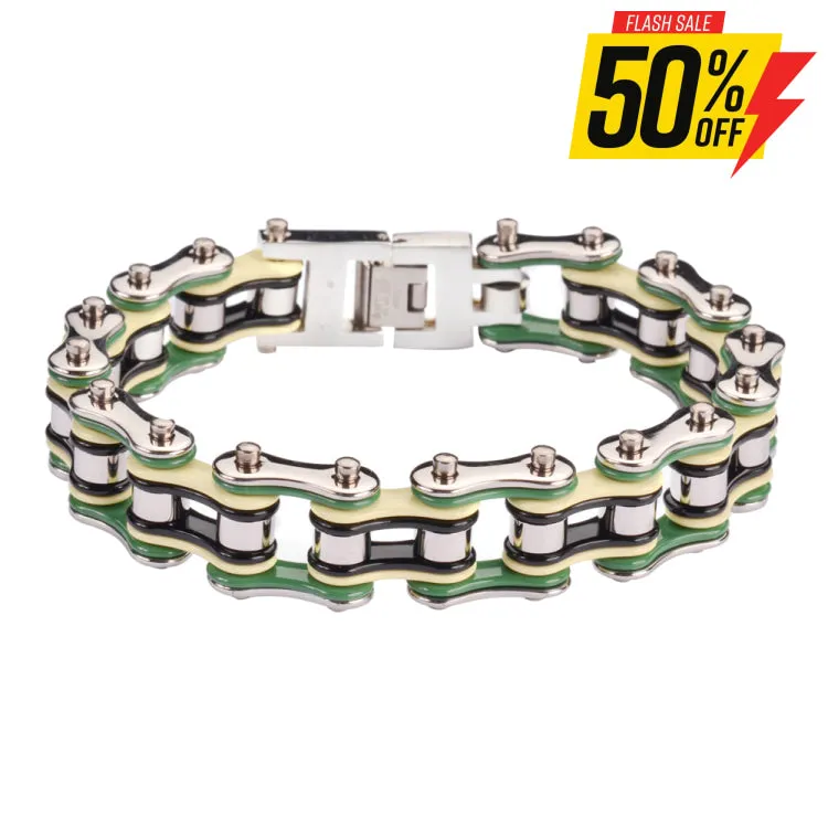 SK1134 3/4" Wide Silver Cream Green Black Double Link Design Unisex Stainless Steel Motorcycle Chain Bracelet