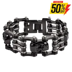 SK1170 Two Tone Black Silver 1" Wide 3 Skulls Unisex Stainless Steel Motorcycle Skull Chain Bracelet