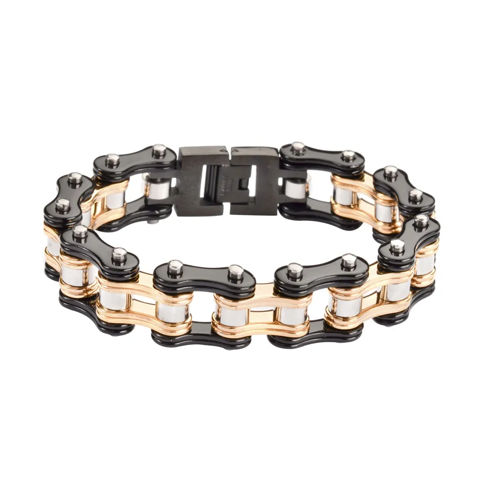 SK1280 Two Tone Black Gold 3/4" Wide Double Link Design Unisex Stainless Steel Motorcycle Chain Bracelet