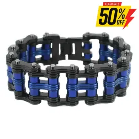 SK1812 Two Tone Black Blue Wide Unisex Stainless Steel Motorcycle Chain Bracelet