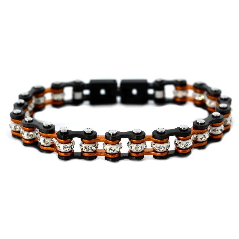 SK2022 3/8" Wide MINI MINI SIZE Two Tone Gunmetal Beryllium Orange With White Crystal Centers Stainless Steel Motorcycle Bike Chain Bracelet