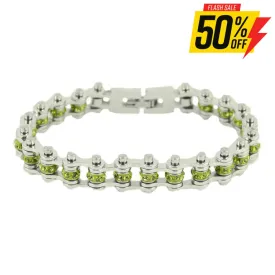 SK2215 August 3/8" Wide Peridot Color Crystal Centers Bike Chain Bracelet