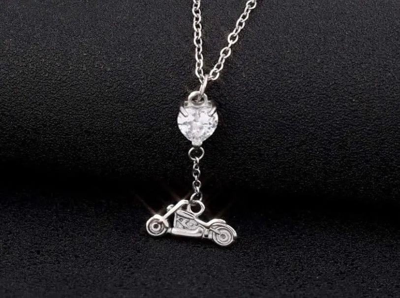 SK2707N Heart Crystal Motorcycle Necklace - Clear Stone