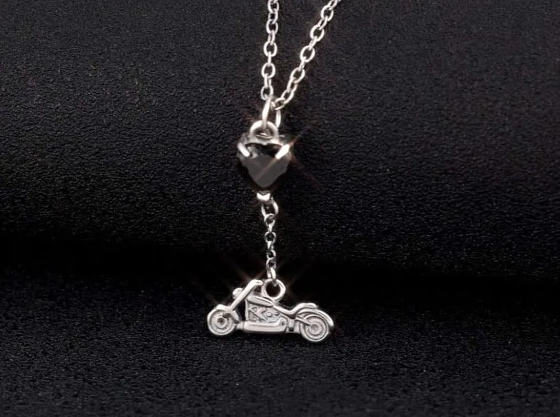 SK2708N Heart Crystal Motorcycle Necklace - Black Stone