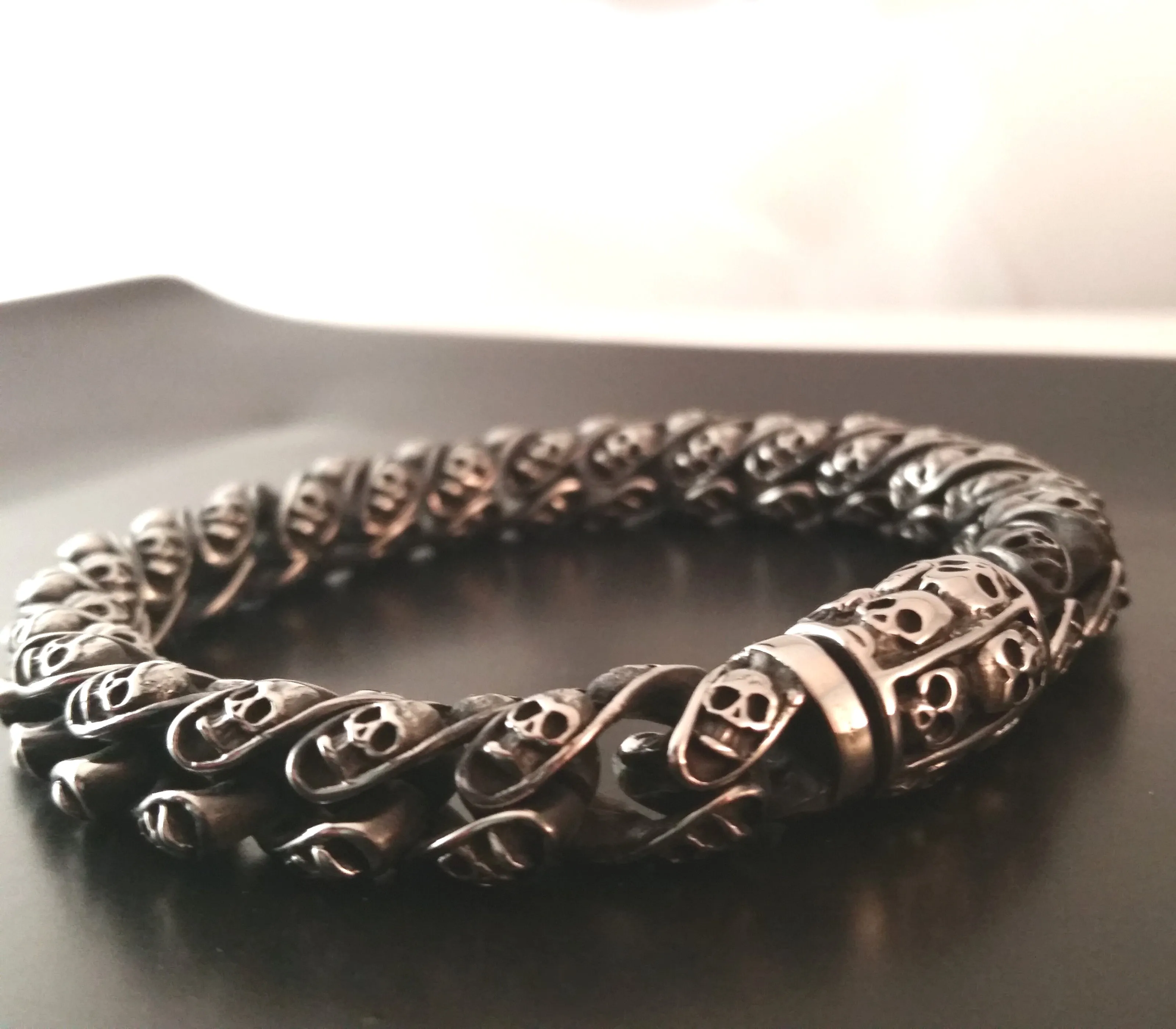 Skull Bracelet Silver Chain Link Spiral Mens