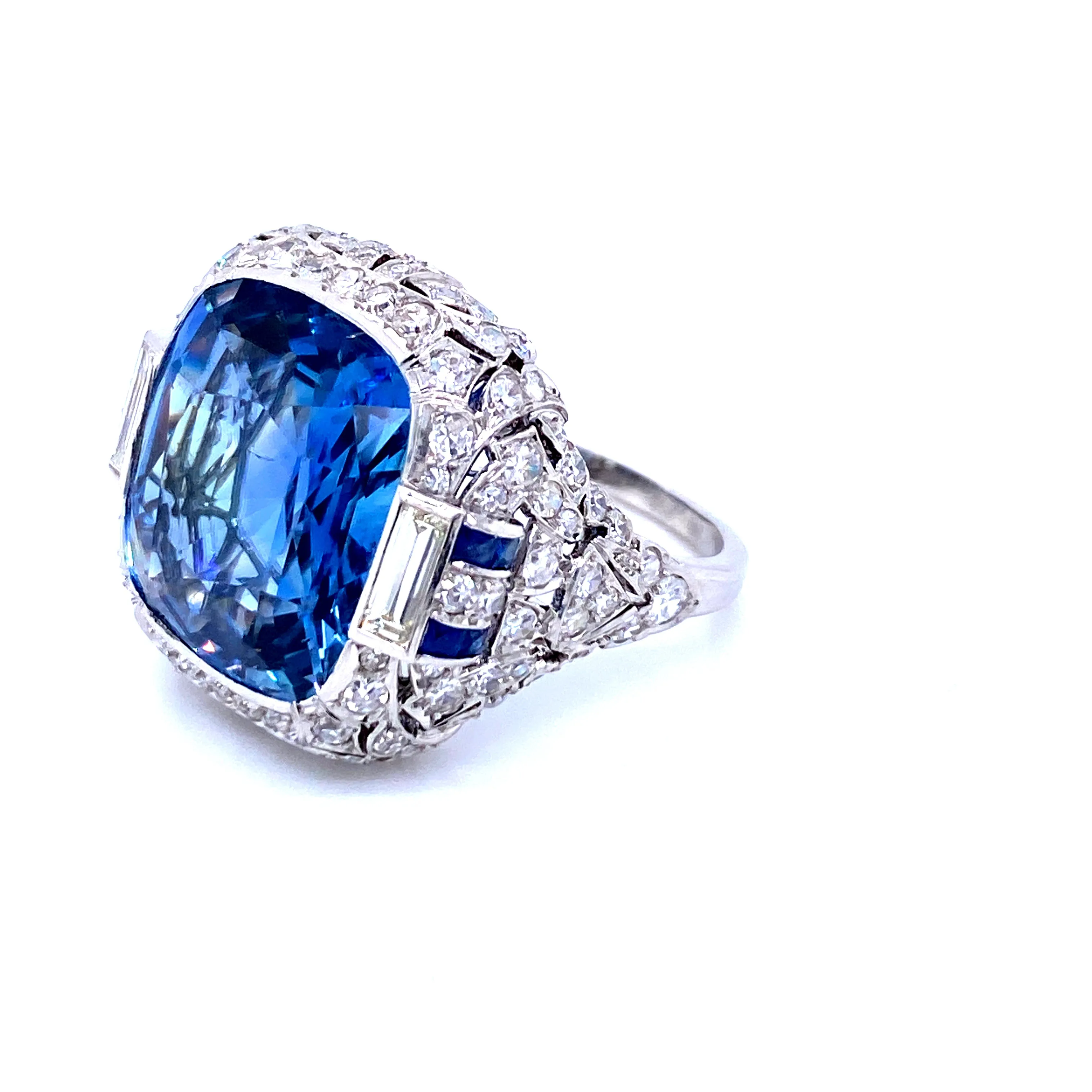 Ssef/Gubelin Certified 17 Carat Sapphire Art Deco Diamond Platinum Ring