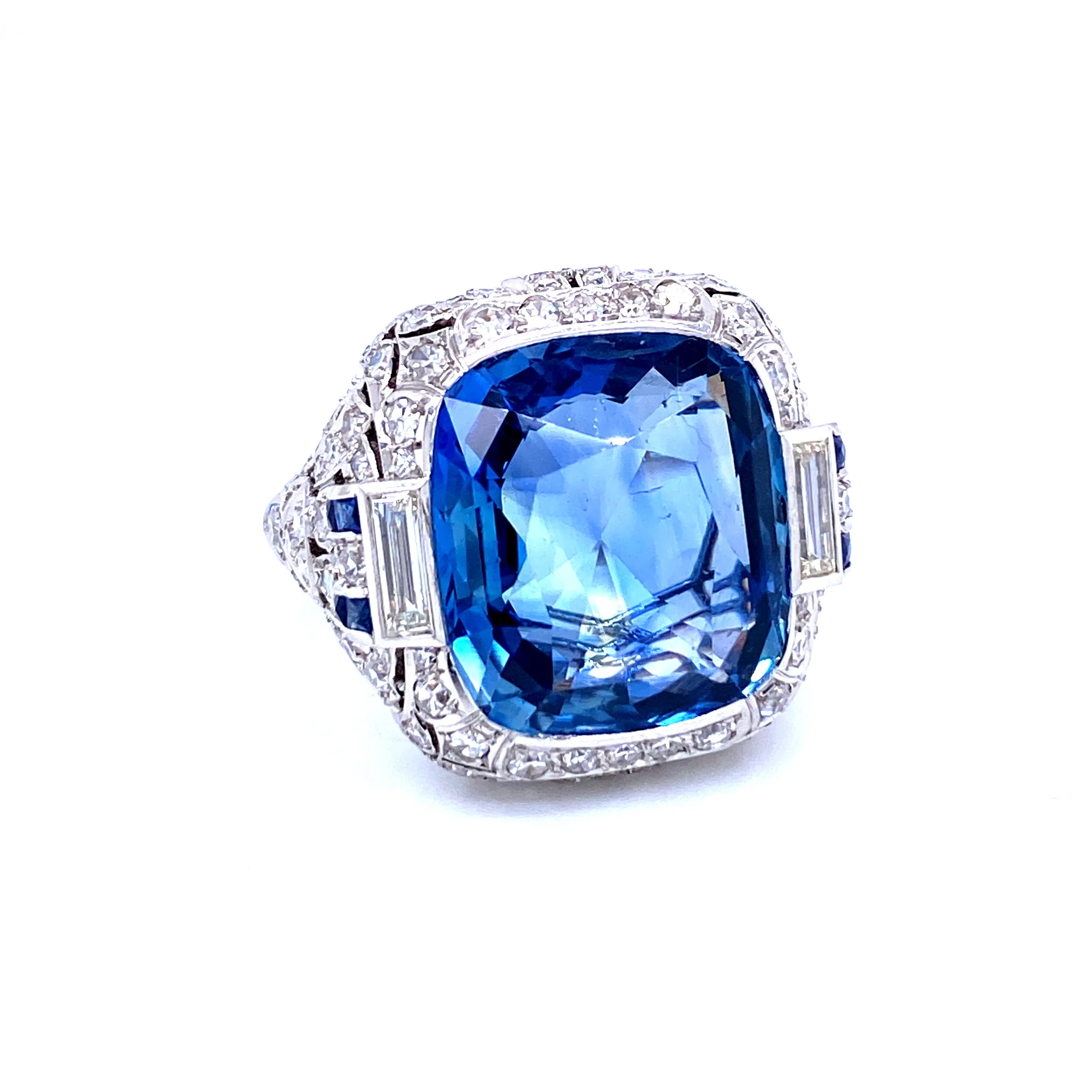 Ssef/Gubelin Certified 17 Carat Sapphire Art Deco Diamond Platinum Ring