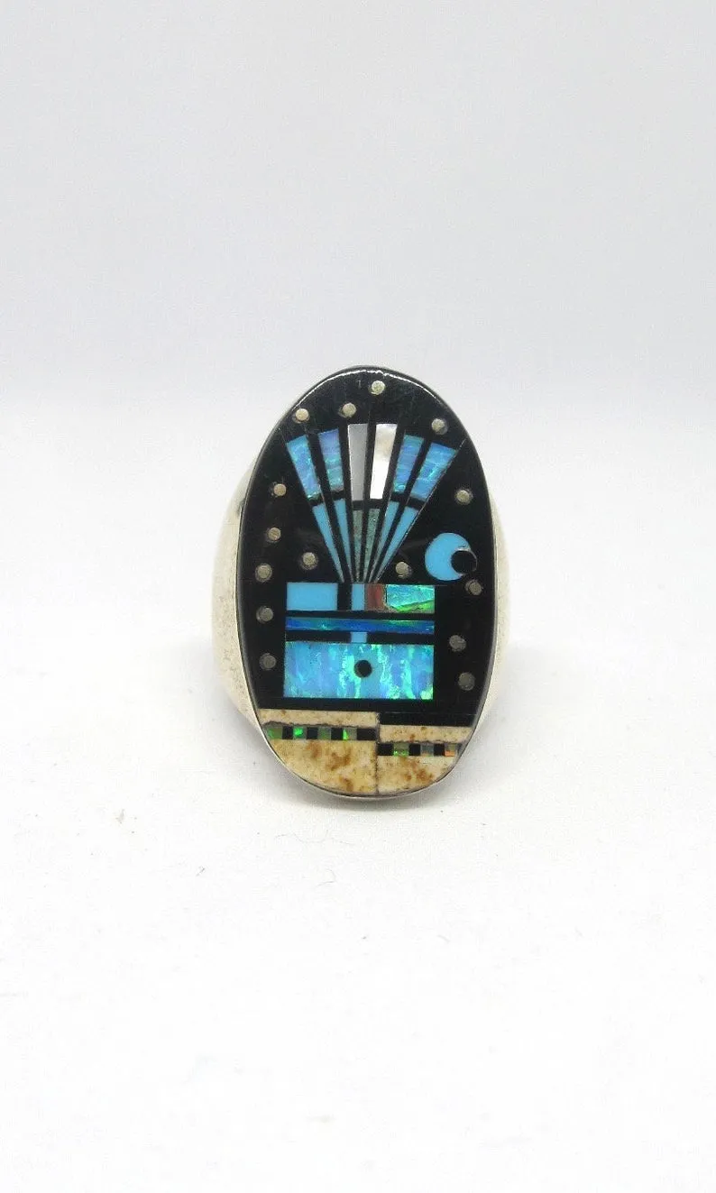 STARRY NIGHT Gilbert Smith Silver S Inlay Yei Kachina Mens Ring, Sz 11 1/2