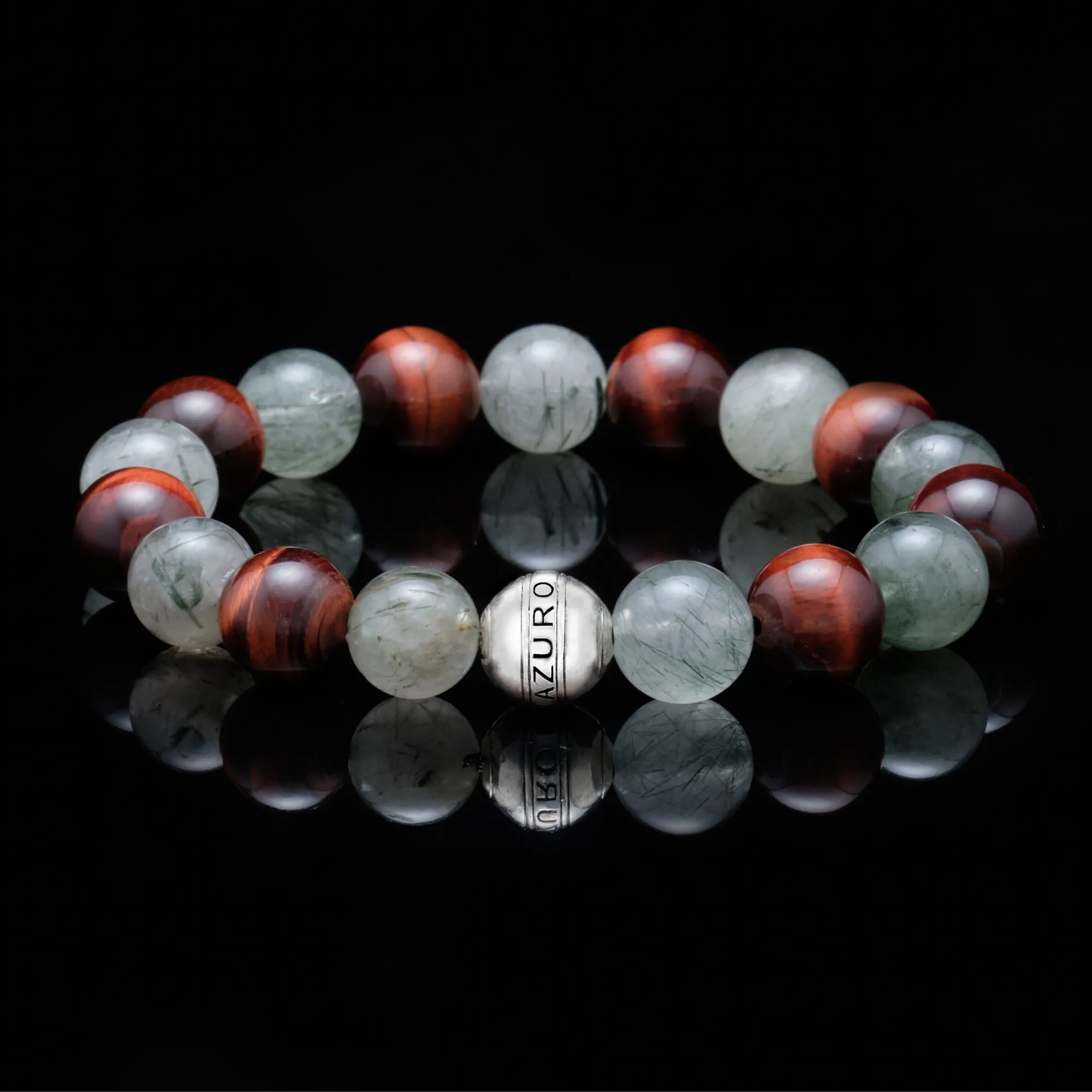 The Guardian | Silver Enamel Green Rutilated Quartz Stone Tiger Eye Beaded Bracelet