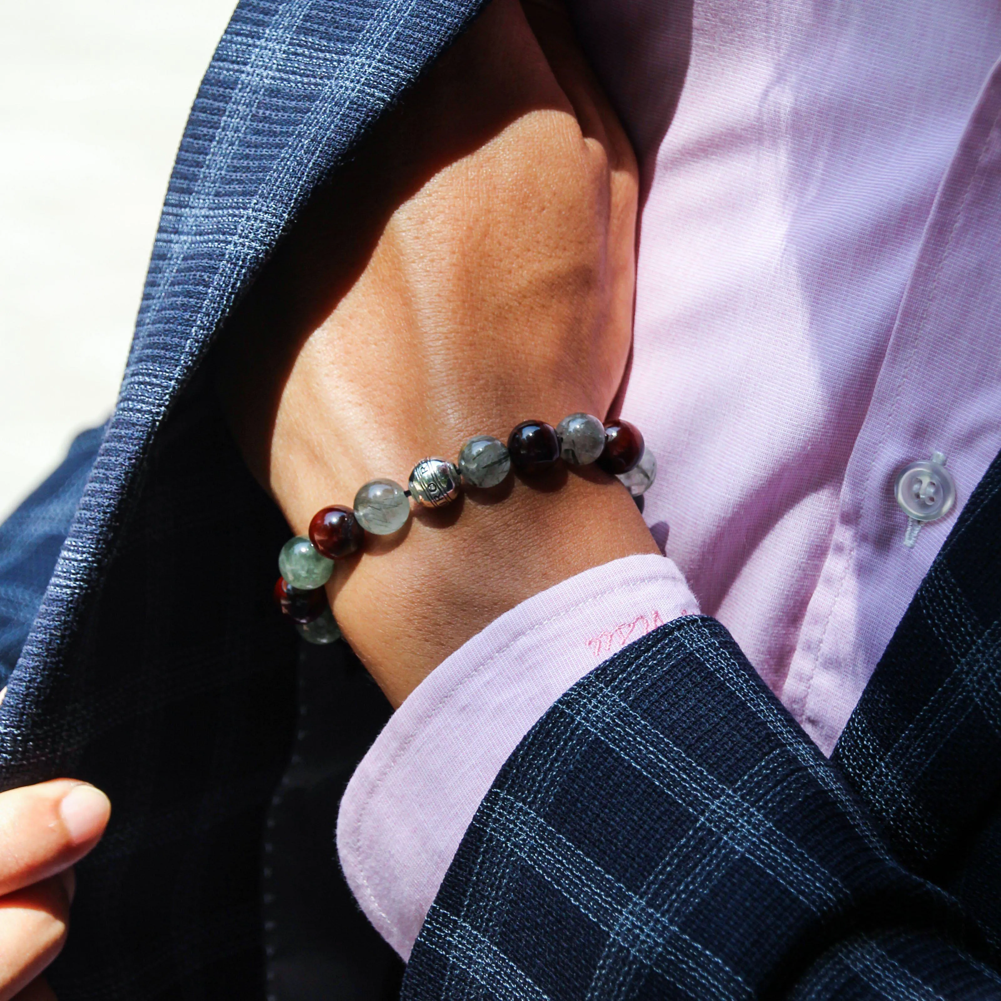 The Guardian | Silver Enamel Green Rutilated Quartz Stone Tiger Eye Beaded Bracelet