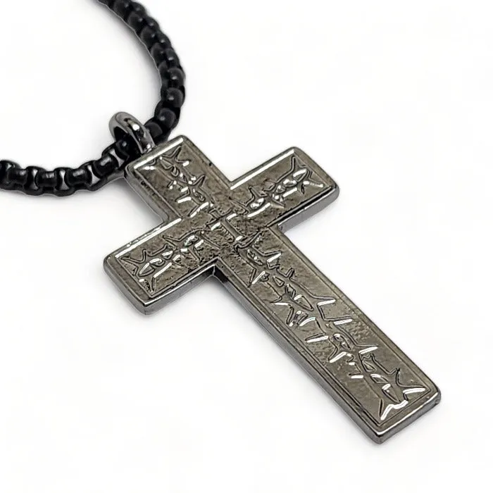 Thorns Cross Dark Metal Finish Pendant Dark Heavy Box Chain Necklace