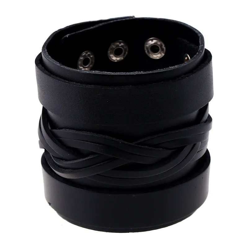 Three Row Black Leather Braid Bracelet