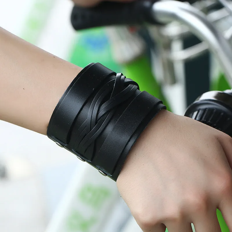 Three Row Black Leather Braid Bracelet