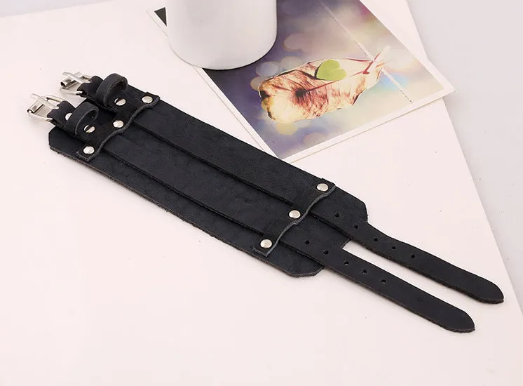 Two Strap Black Suede Leather Bracelet Gauntlet